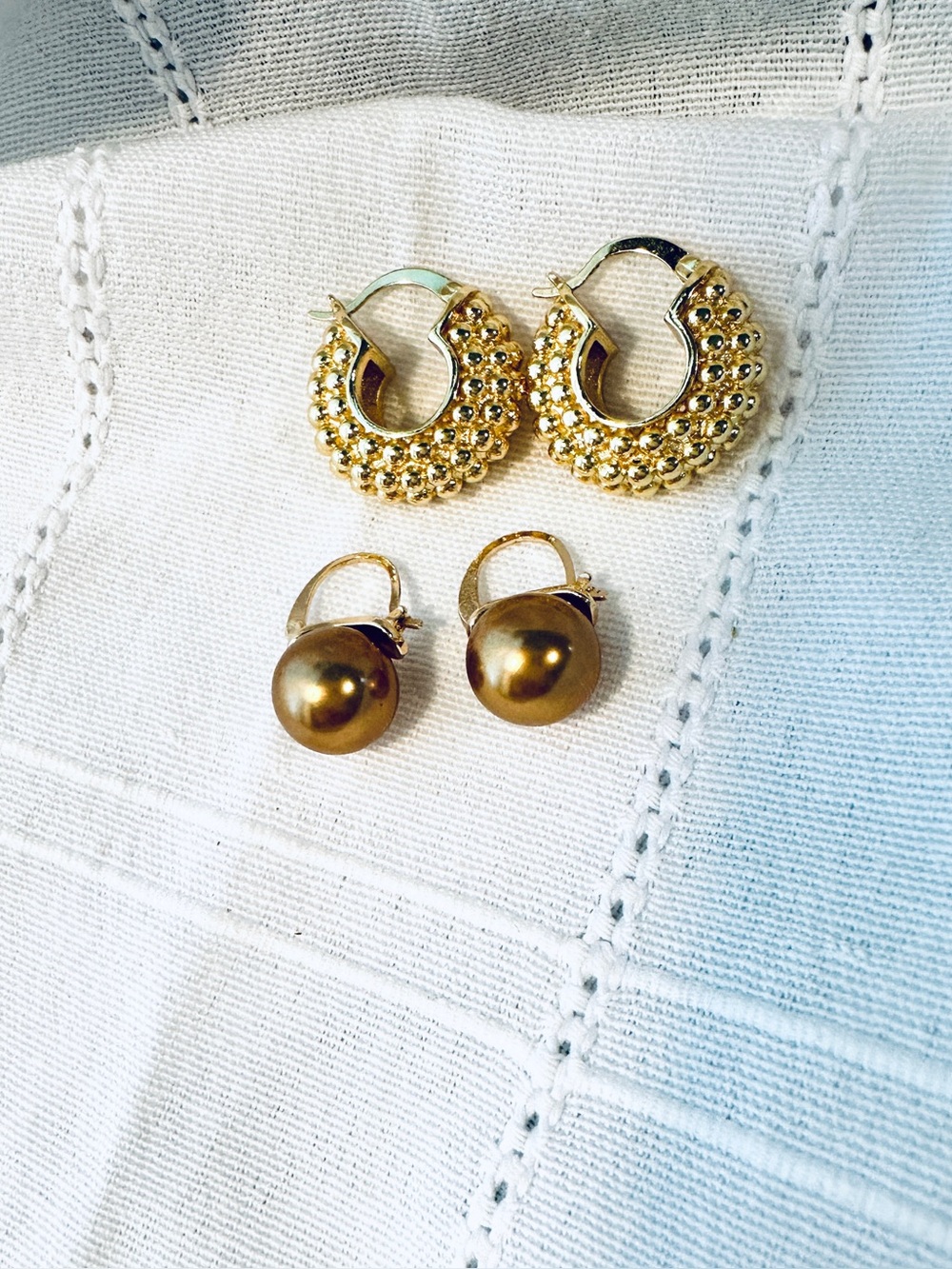 Gold Beaded Hoop and Gold Pearl Drop Earrings - Women Jewelry